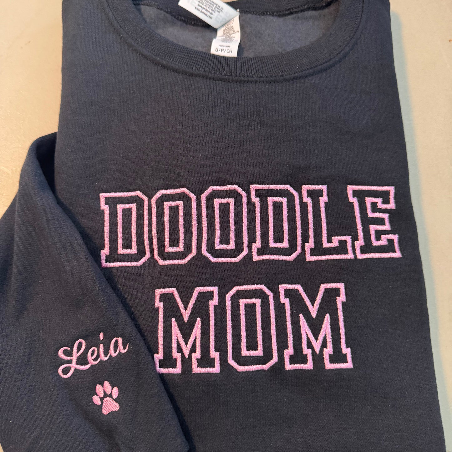 Embroidered Doodle Mom Sweatshirt, name on sleeves