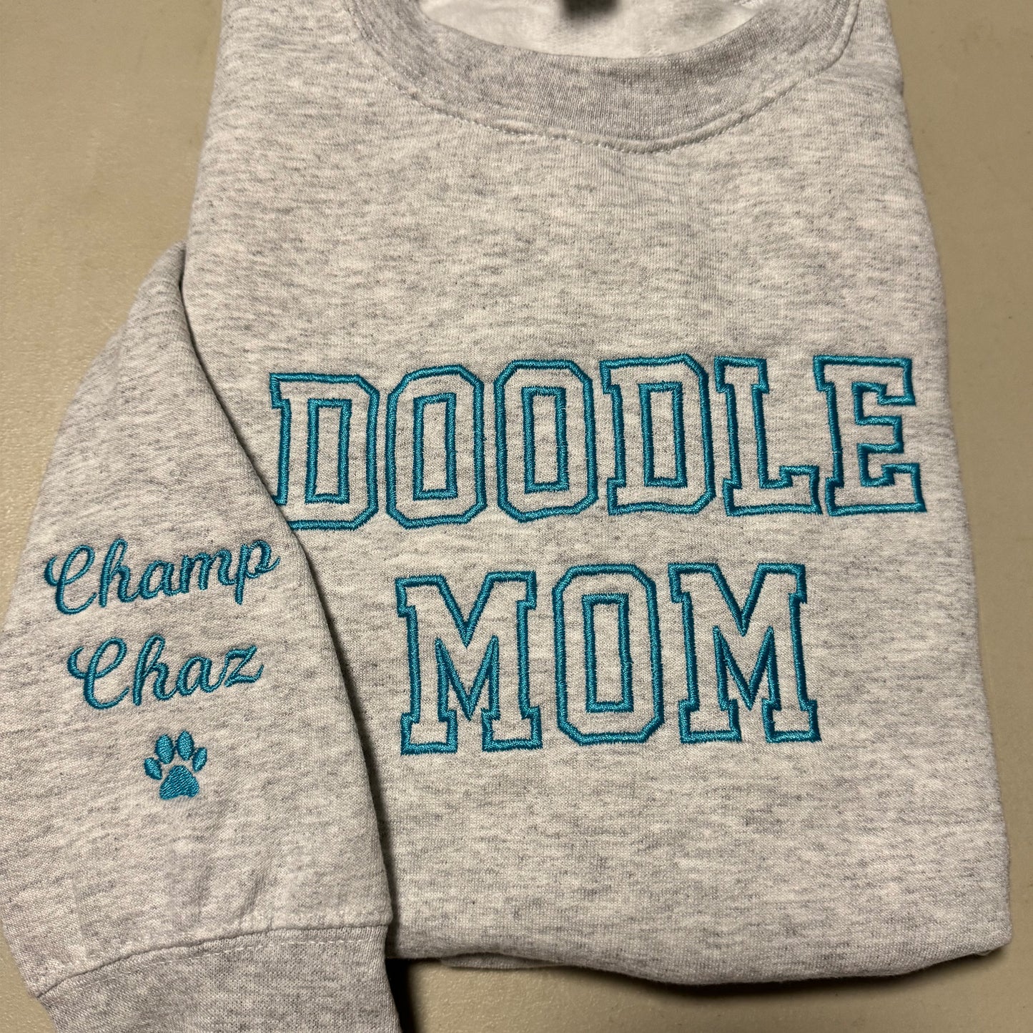 Embroidered Doodle Mom Sweatshirt, name on sleeves