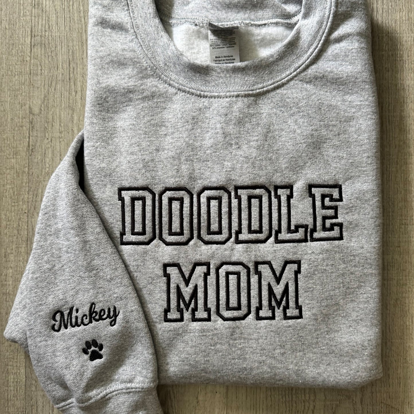 Embroidered Doodle Mom Sweatshirt, name on sleeves