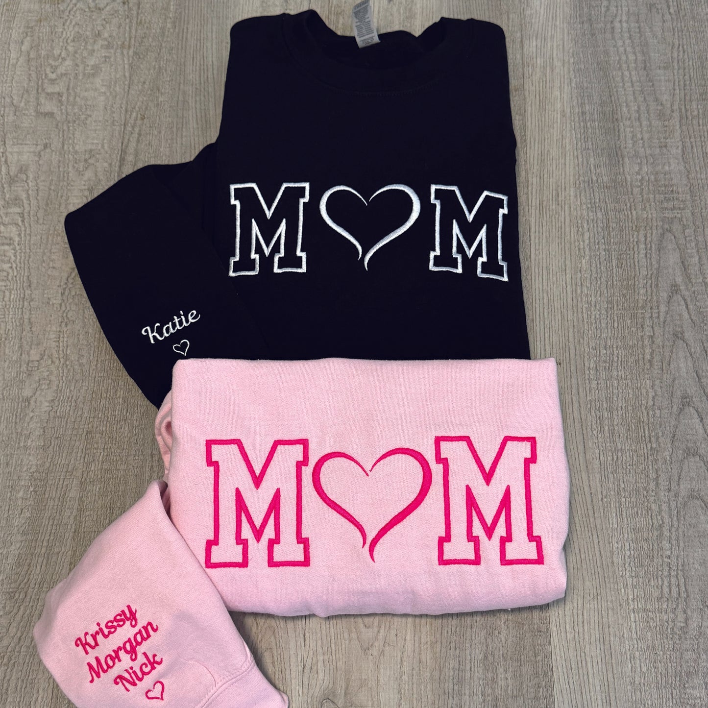 Embroidered MOM Sweatshirt with Kids names on the sleeve