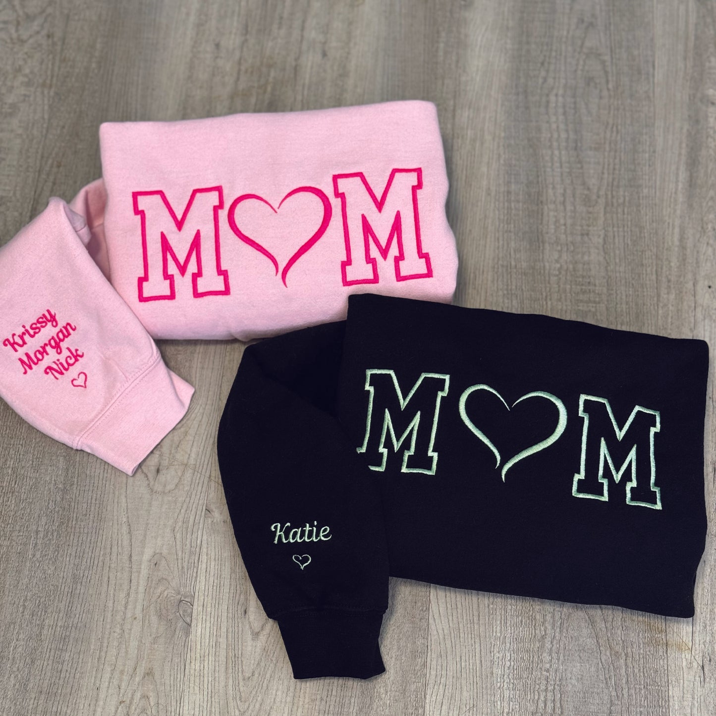 Embroidered MOM Sweatshirt with Kids names on the sleeve