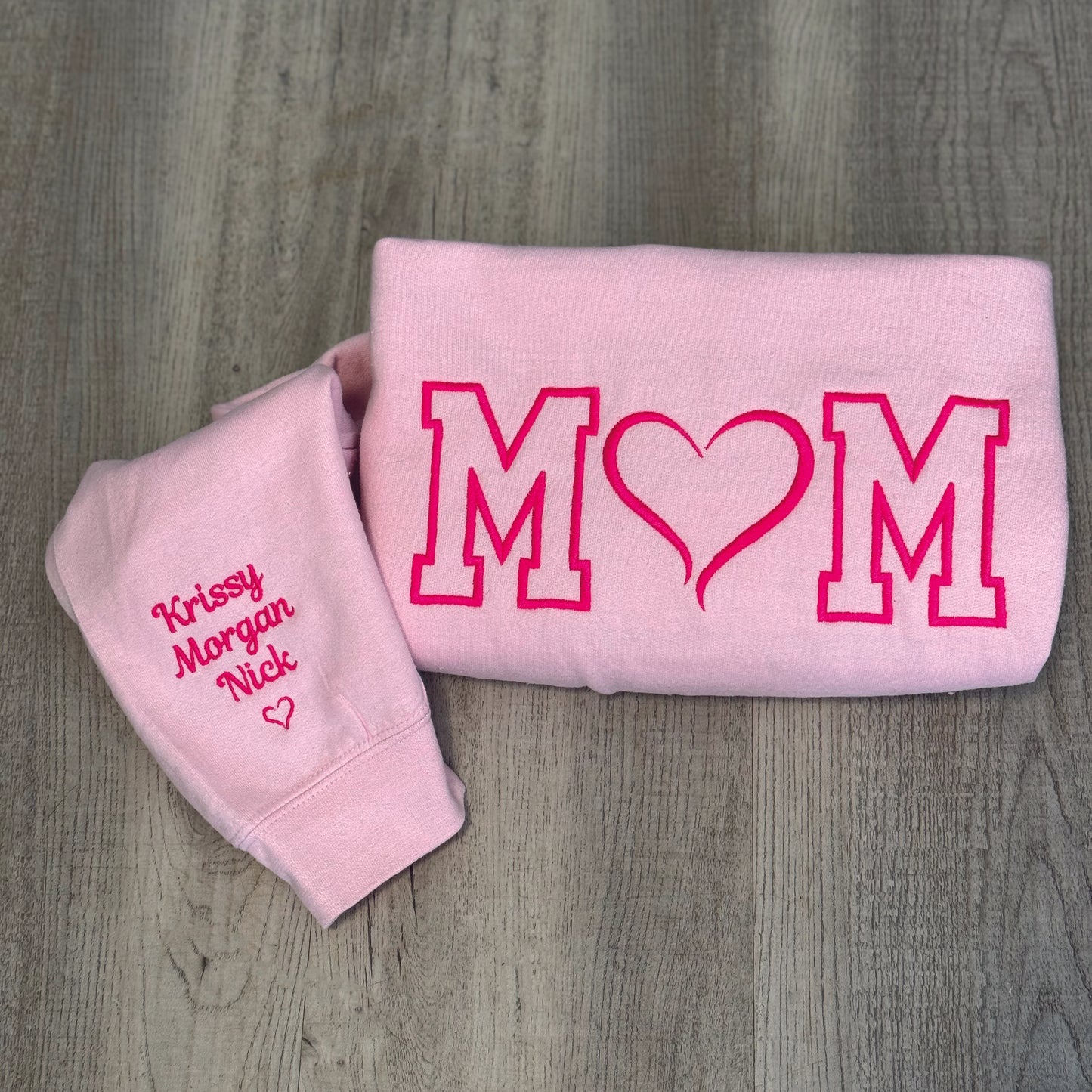 Embroidered MOM Sweatshirt with Kids names on the sleeve